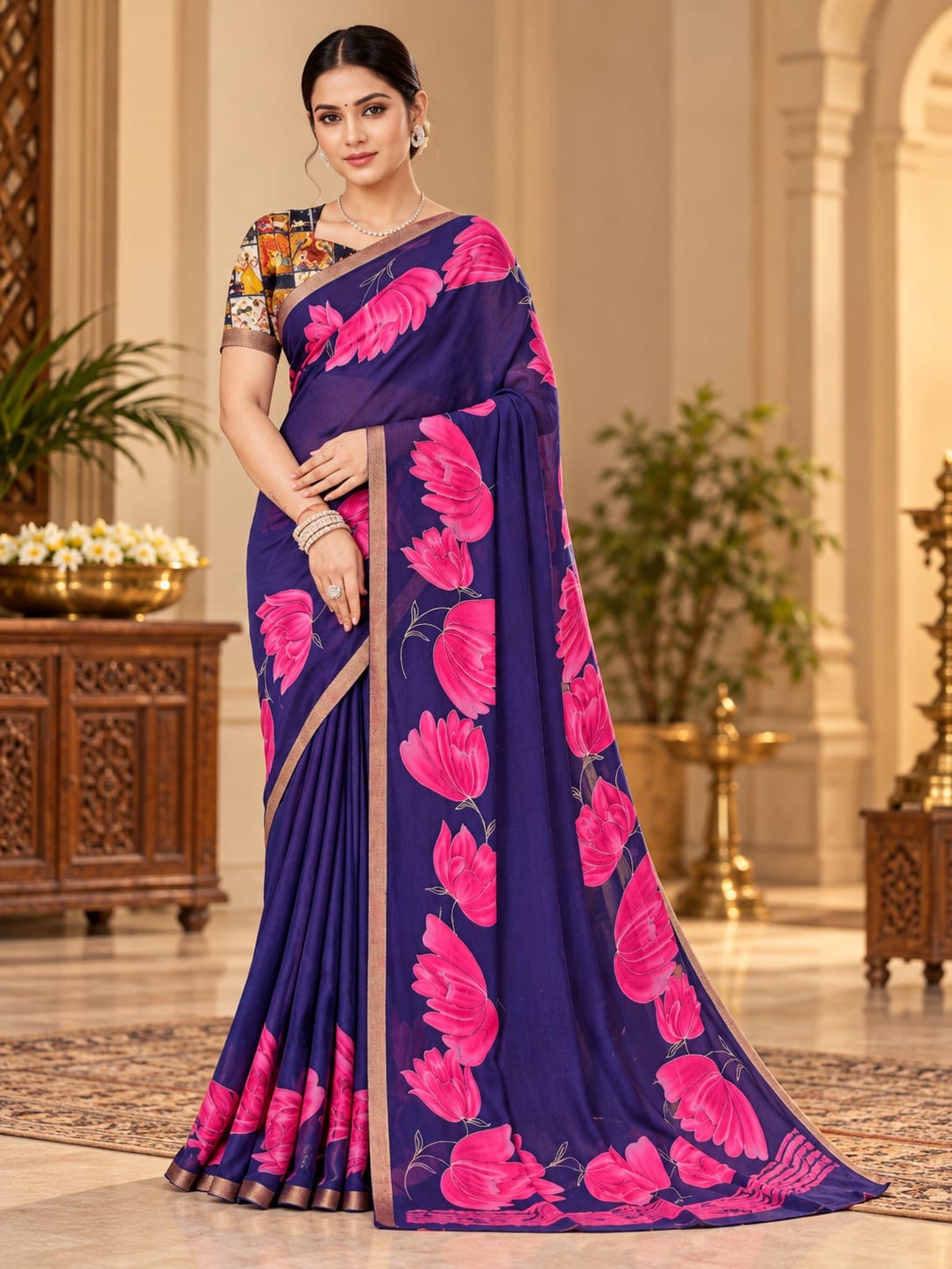 Large Floral Print Georgette Saree with Gold-Tone Border