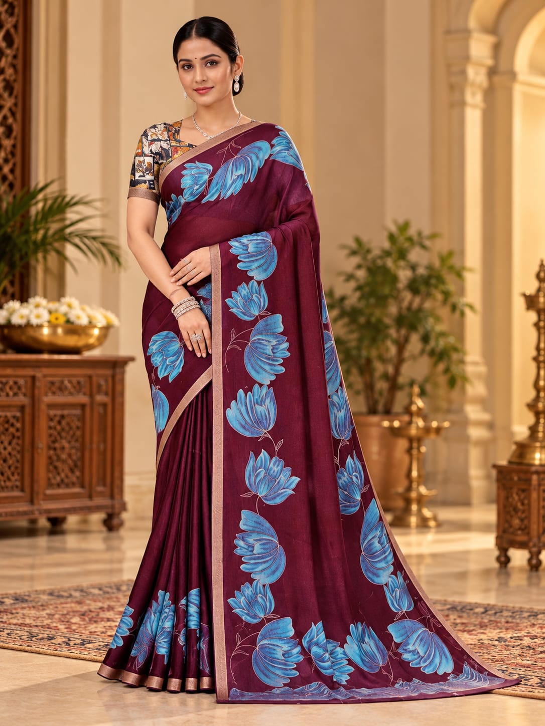 Large Floral Print Georgette Saree with Gold-Tone Border