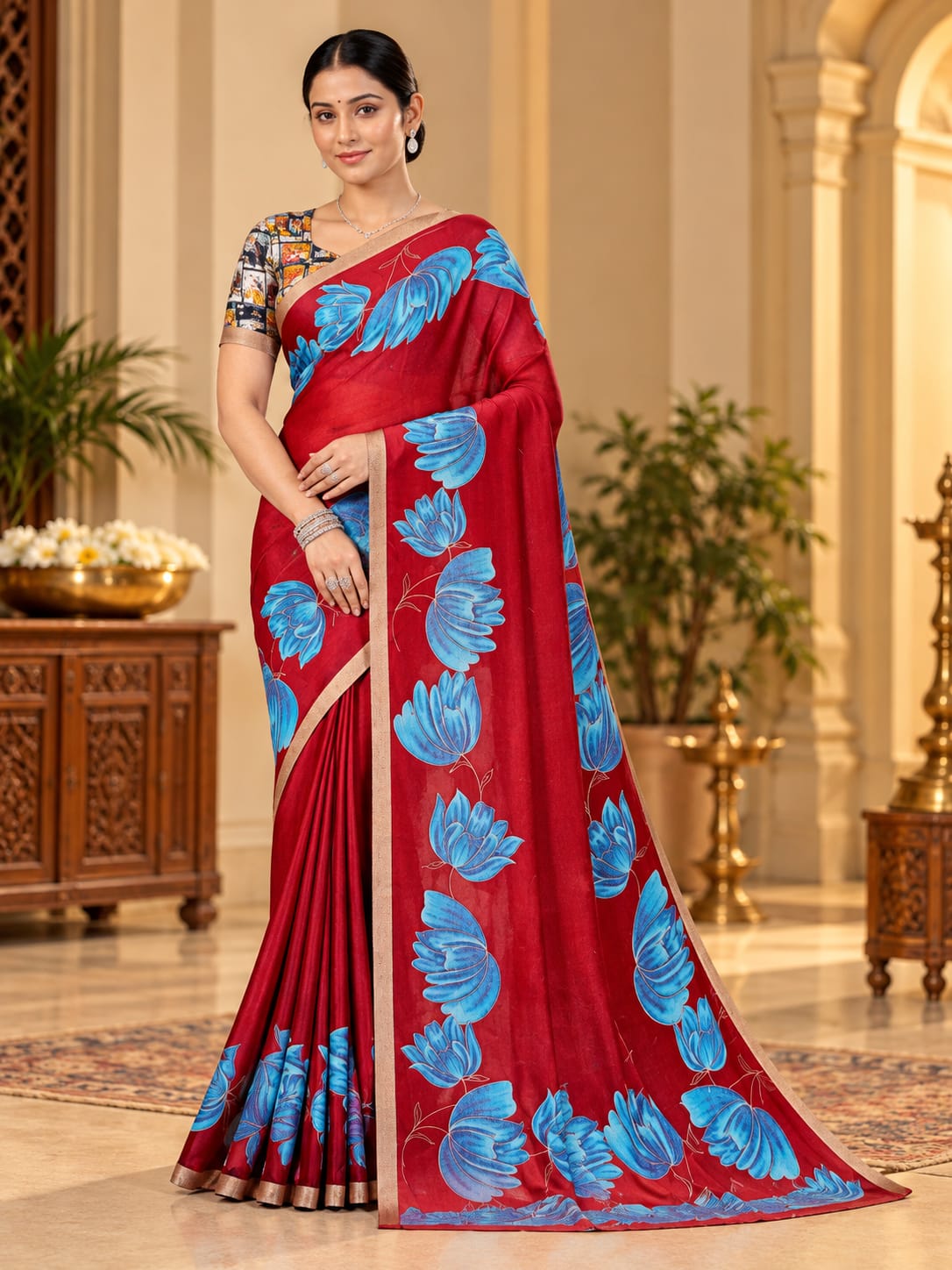 Large Floral Print Georgette Saree with Gold-Tone Border