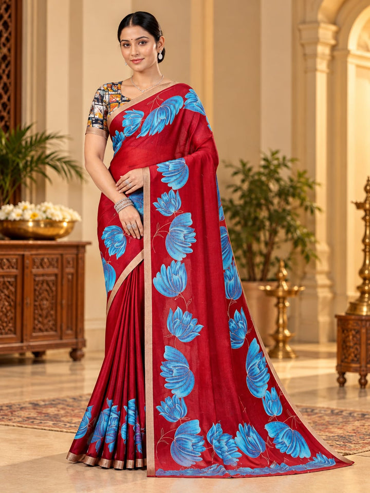 Large Floral Print Georgette Saree with Gold-Tone Border