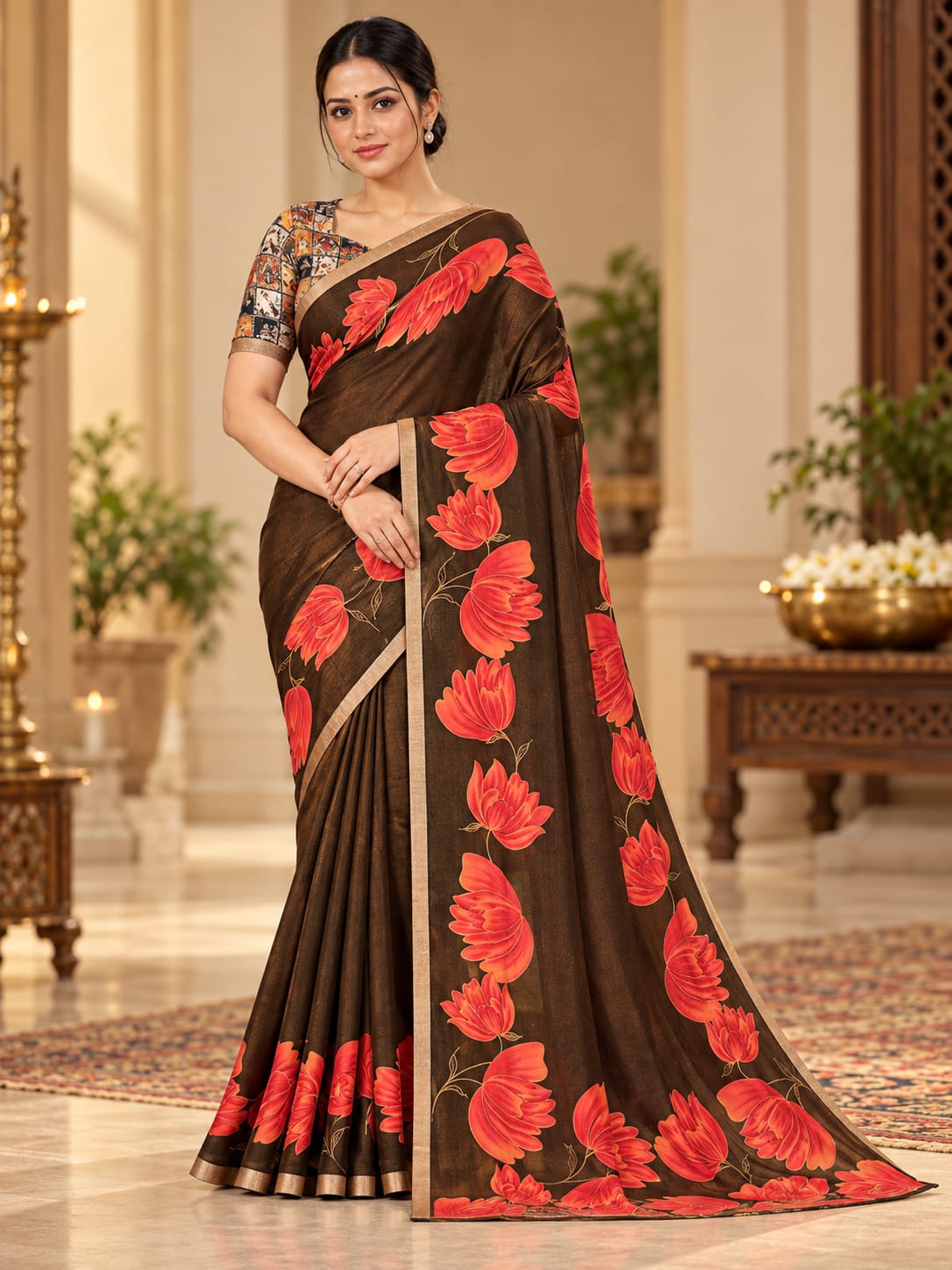 Large Floral Print Georgette Saree with Gold-Tone Border