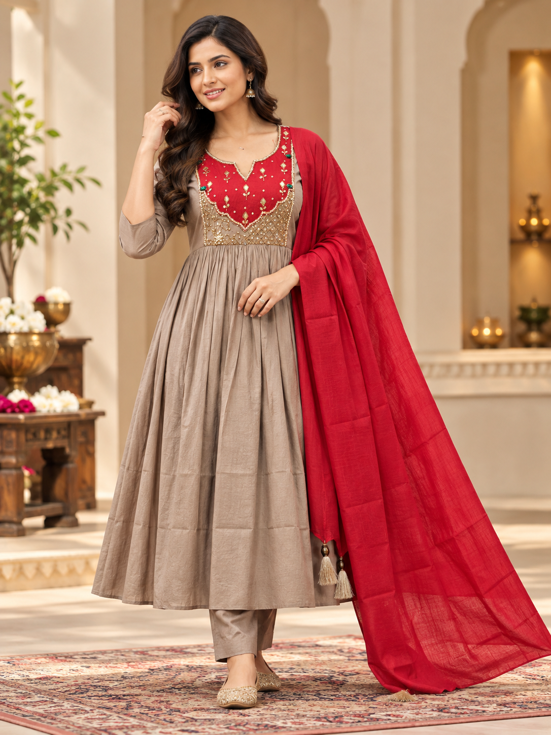 Mal Chenderi Flared Kurta with Embellished Contrast Yoke