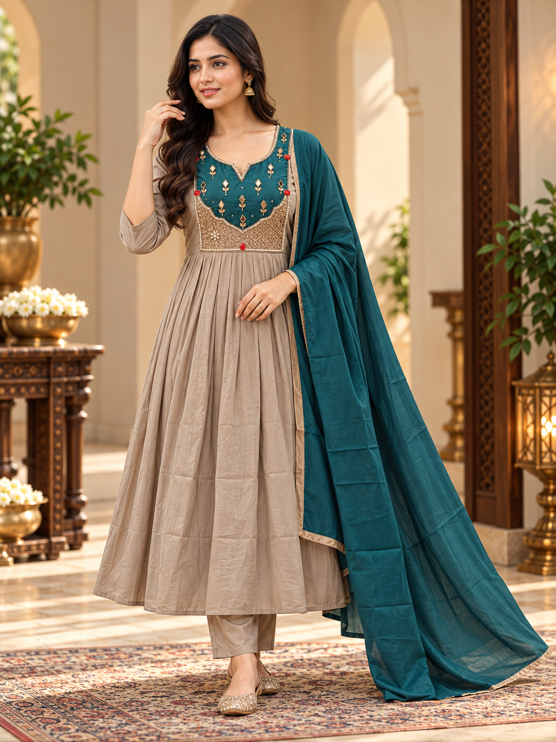 Mal Chenderi Flared Kurta with Embellished Contrast Yoke