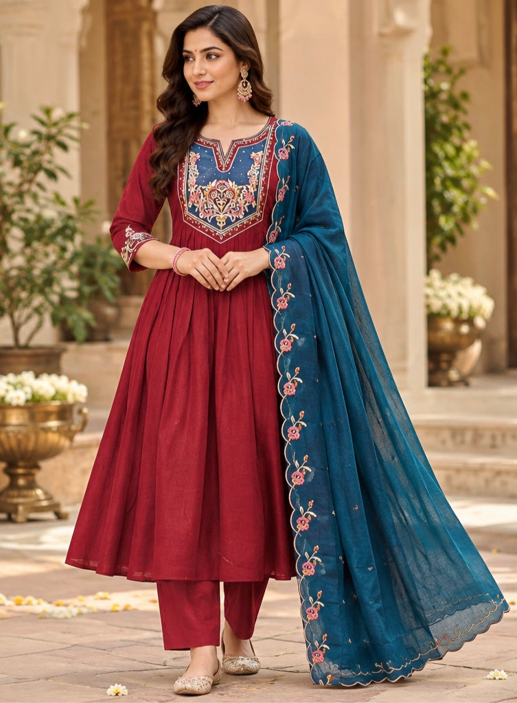 Mal Chenderi Flared Kurta with Floral Embroidered Contrast Yoke
