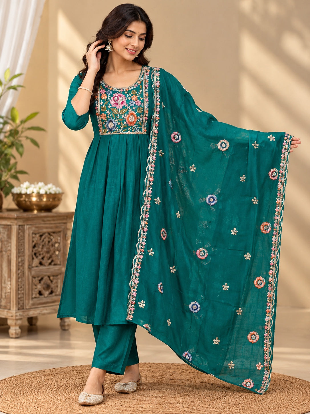 Mull Chenderi Embroidered 3-Piece Anarkali Set | L4