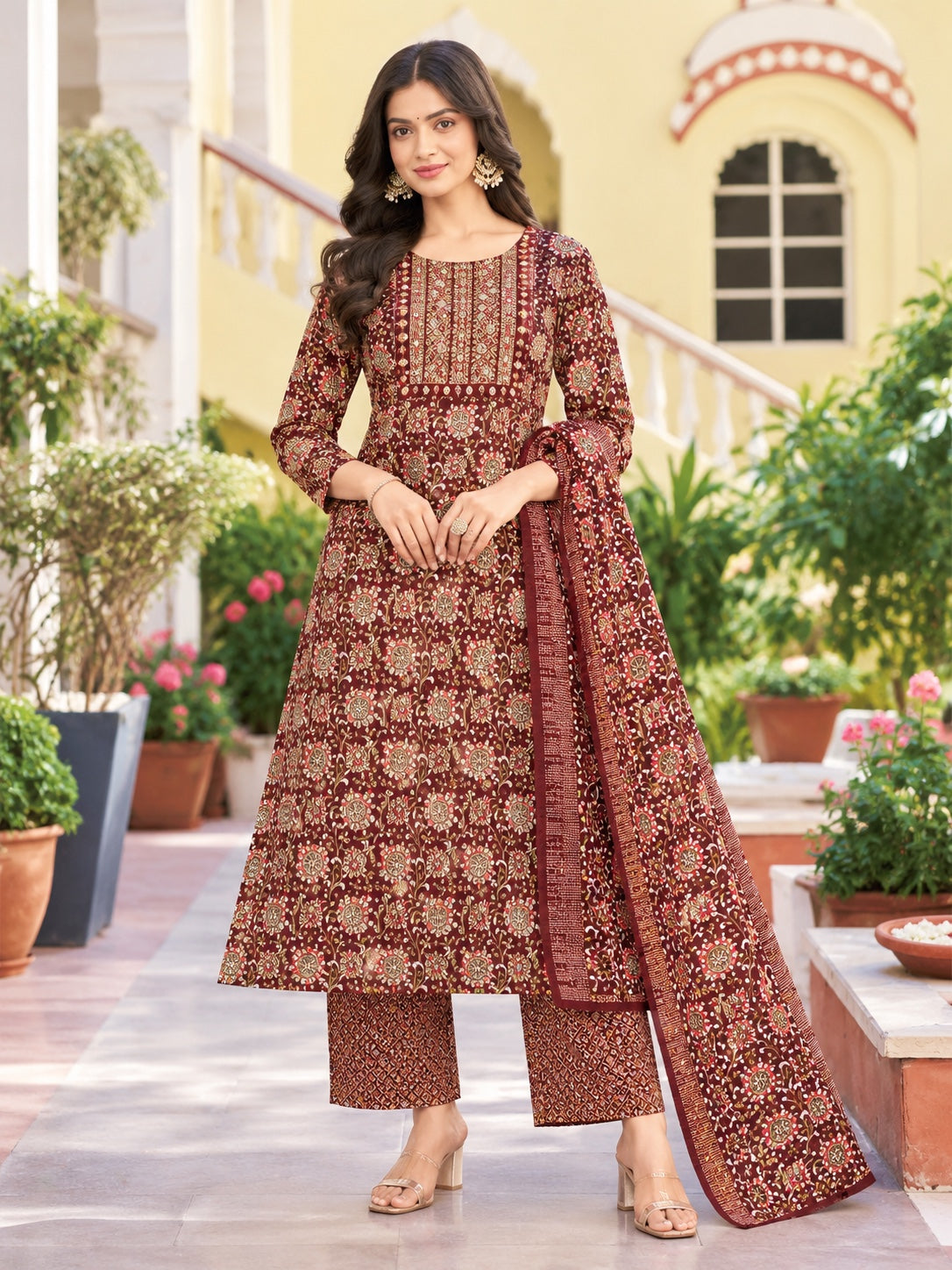 Floral Printed Kurta Pant Dupatta 3 Piece Set –  Straight Cut
