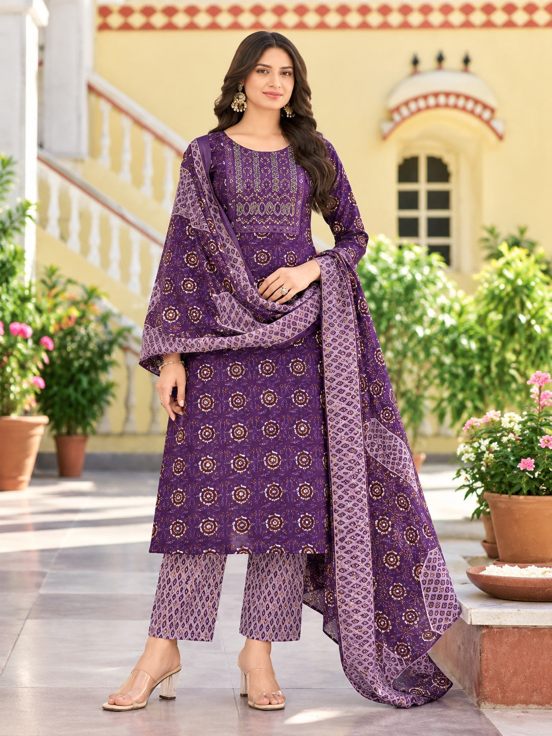 Floral Printed Kurta Pant Dupatta 3 Piece Set –  Straight Cut