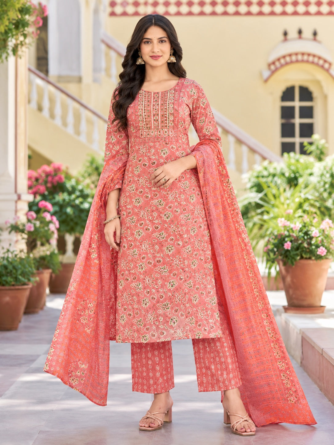 Floral Printed Kurta Pant Dupatta 3 Piece Set –  Straight Cut