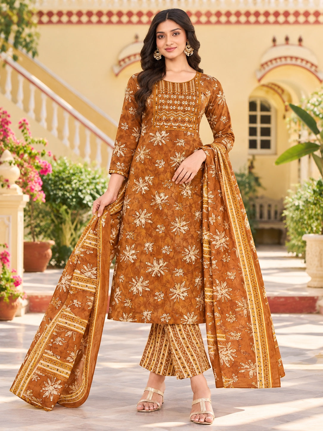 Floral Printed Kurta Pant Dupatta 3 Piece Set –  Straight Cut