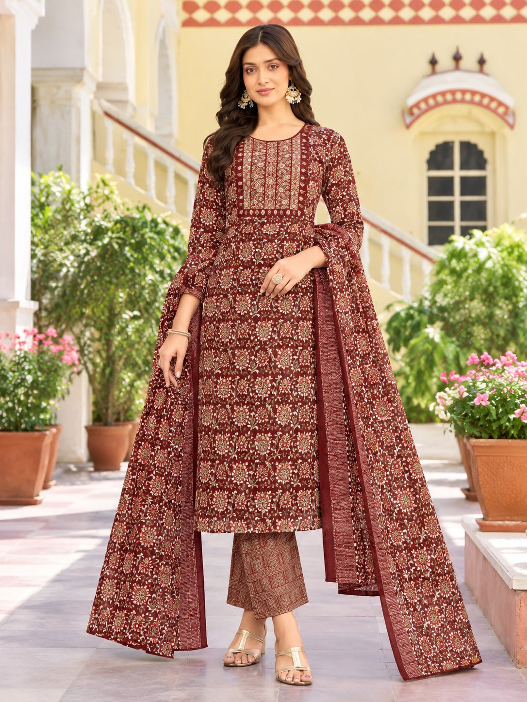 Floral Printed Kurta Pant Dupatta 3 Piece Set –  Straight Cut