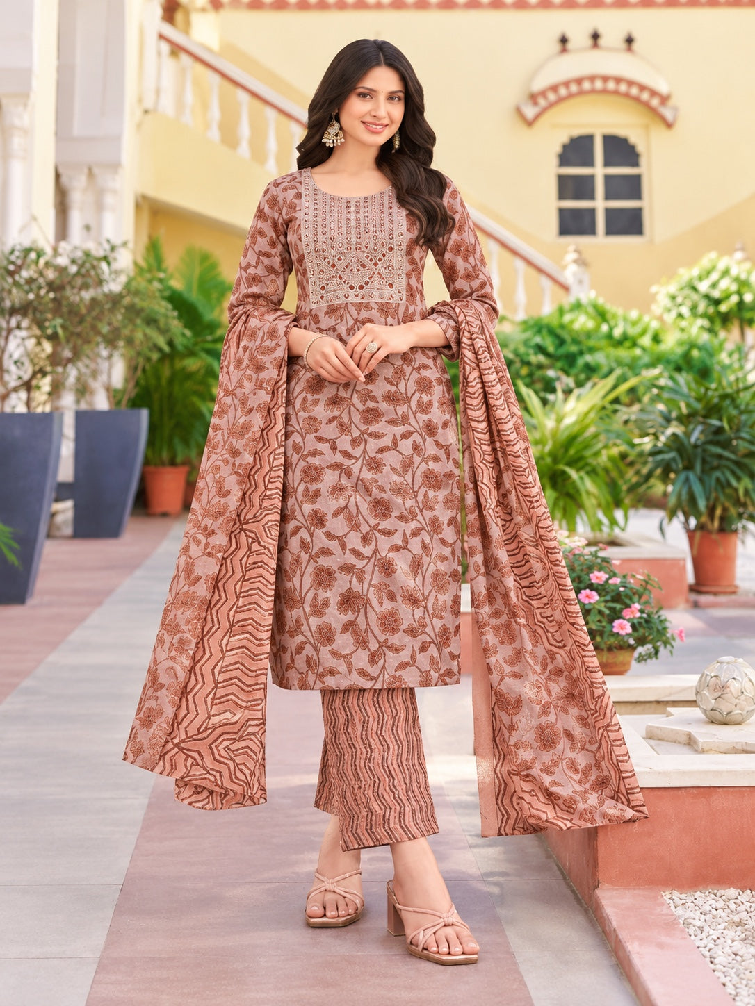 Floral Printed Kurta Pant Dupatta 3 Piece Set –  Straight Cut