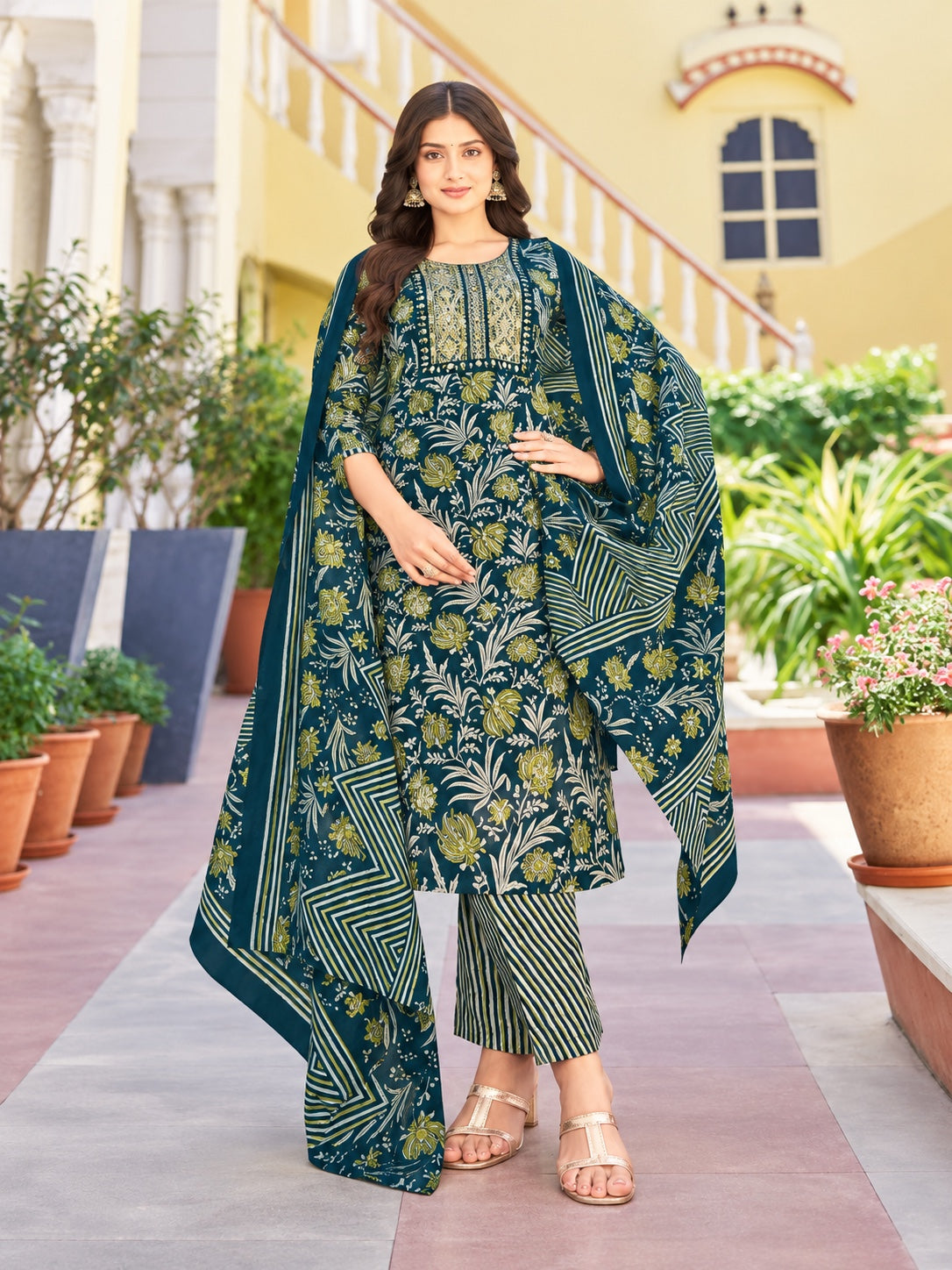 Floral Printed Kurta Pant Dupatta 3 Piece Set –  Straight Cut