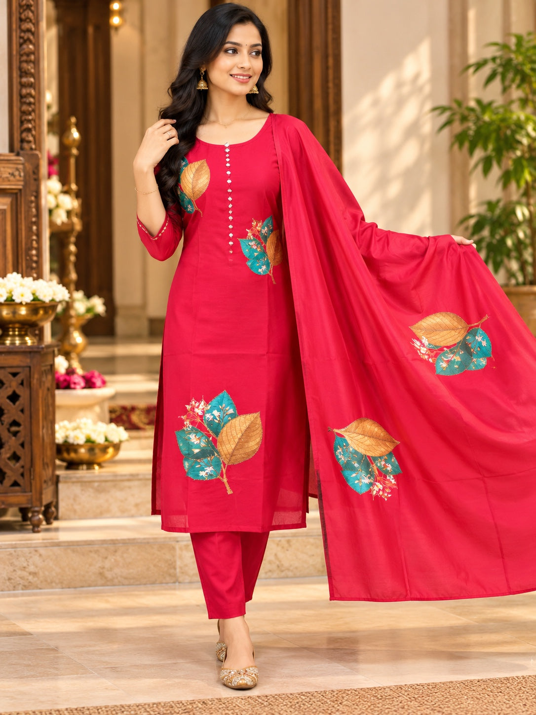 Leaf Motif Straight Kurta 3-Piece Set