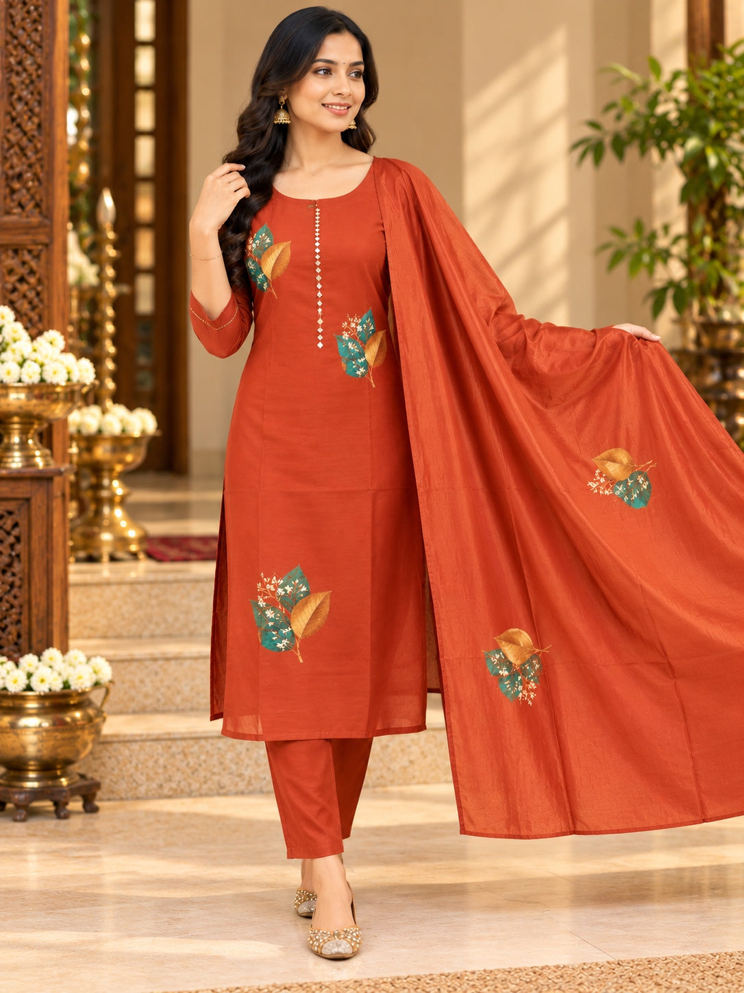 Leaf Motif Straight Kurta 3-Piece Set