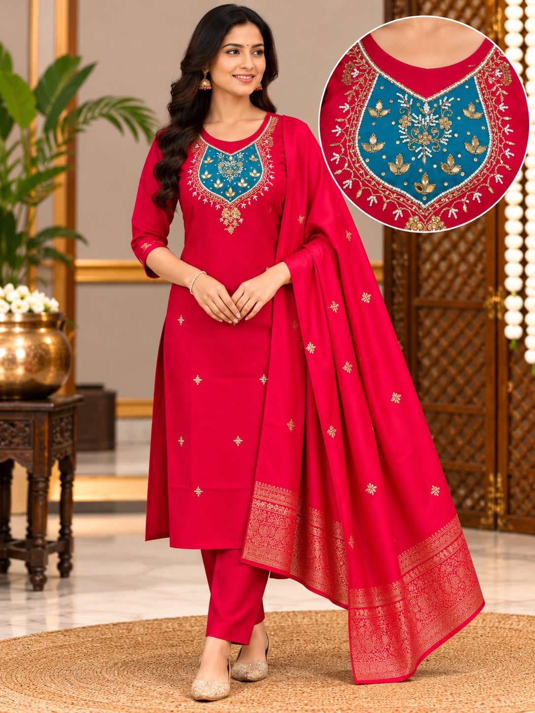 Women's Embroidered Kurta Pant Dupatta Set