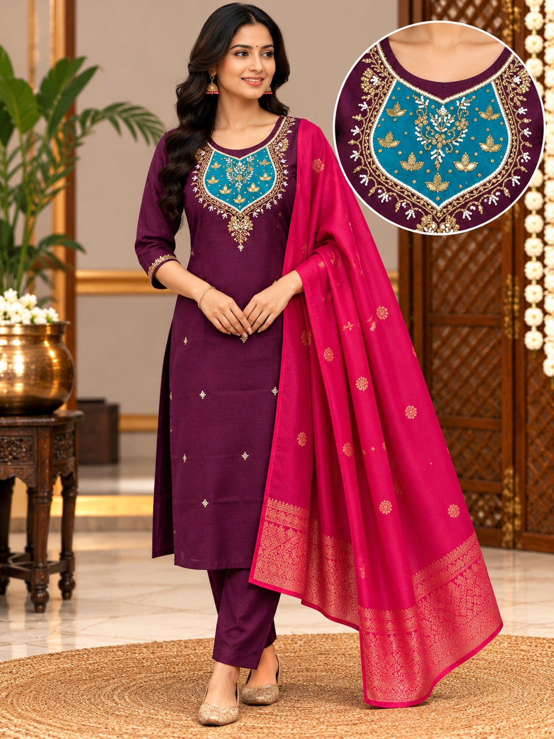 Women's Embroidered Kurta Pant Dupatta Set