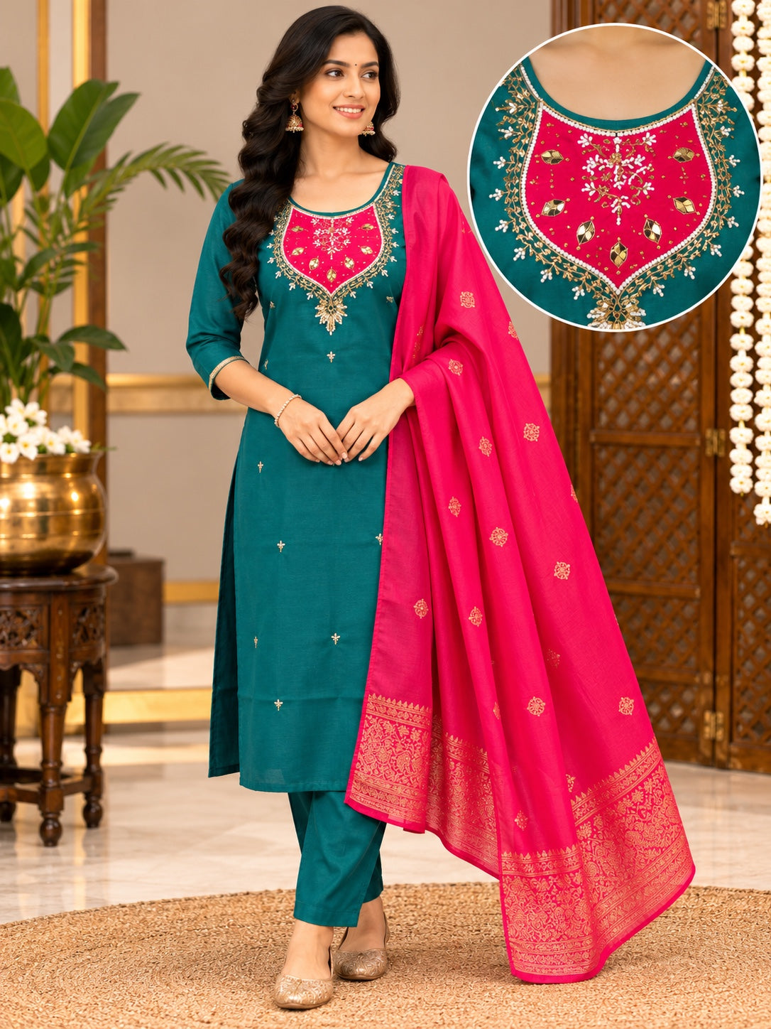 Women's Embroidered Kurta Pant Dupatta Set