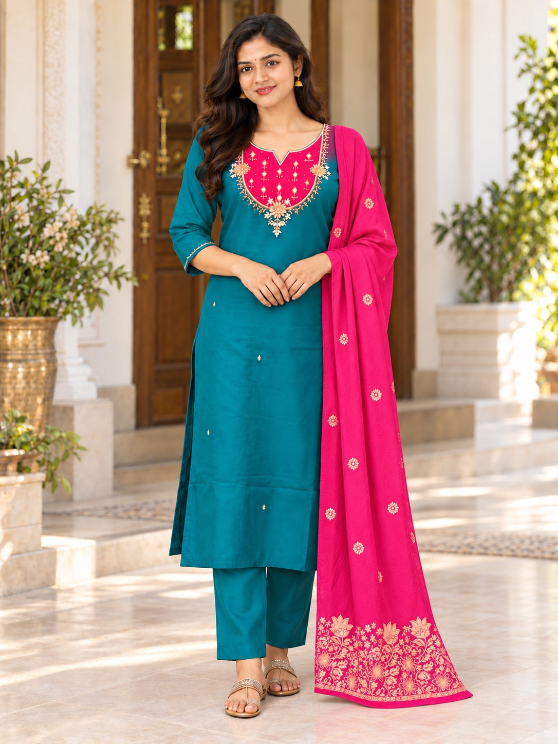 Contrast Yoke Embroidered Kurta 3 Piece Set