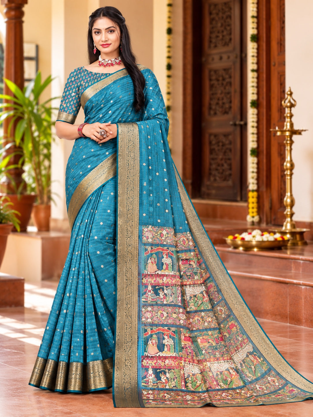 Traditional Woven Border Saree with Printed Pallu
