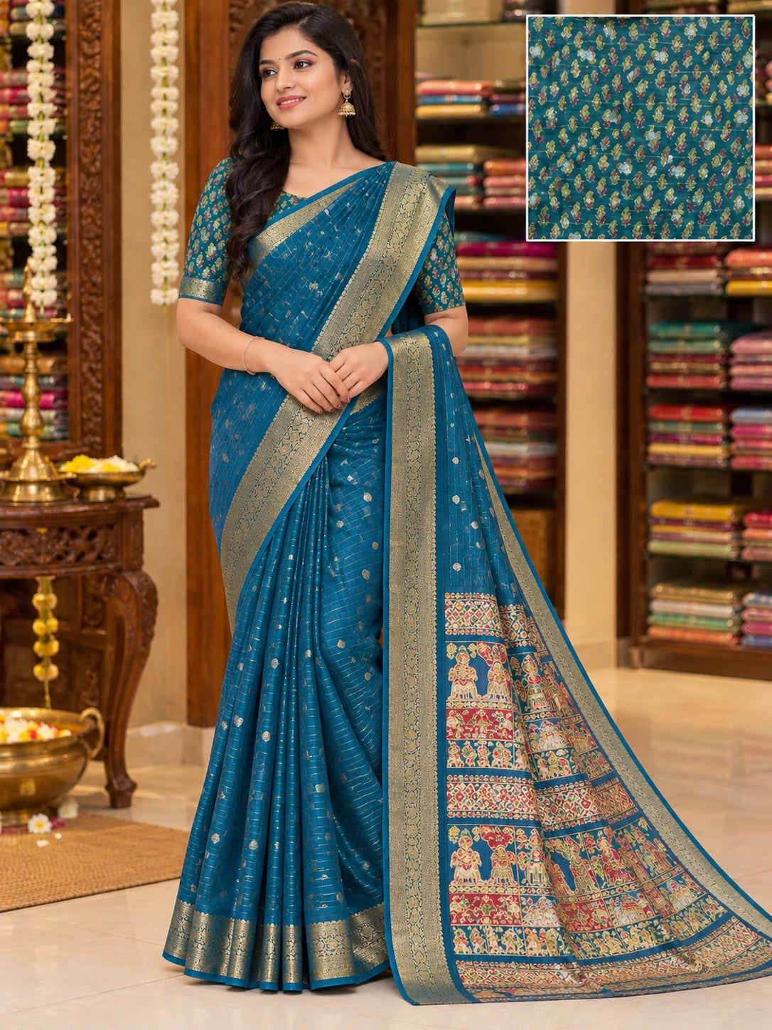 Traditional Woven Border Saree with Printed Pallu