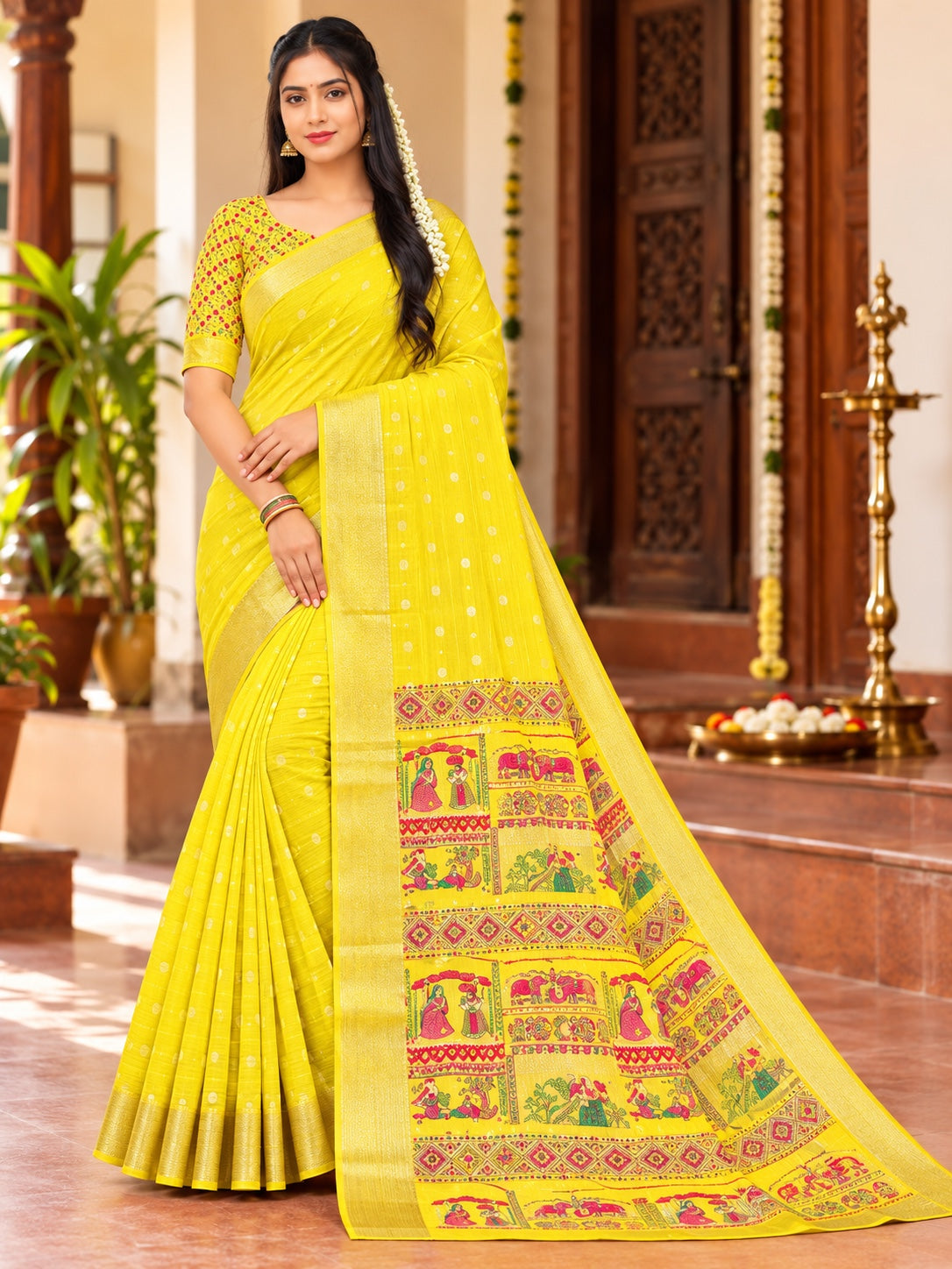 Traditional Woven Border Saree with Printed Pallu