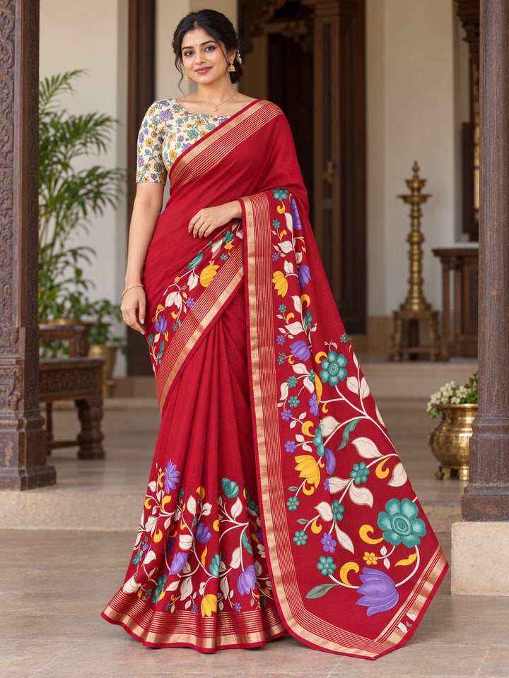 Red Floral Saree with Gold-Tone Striped Border
