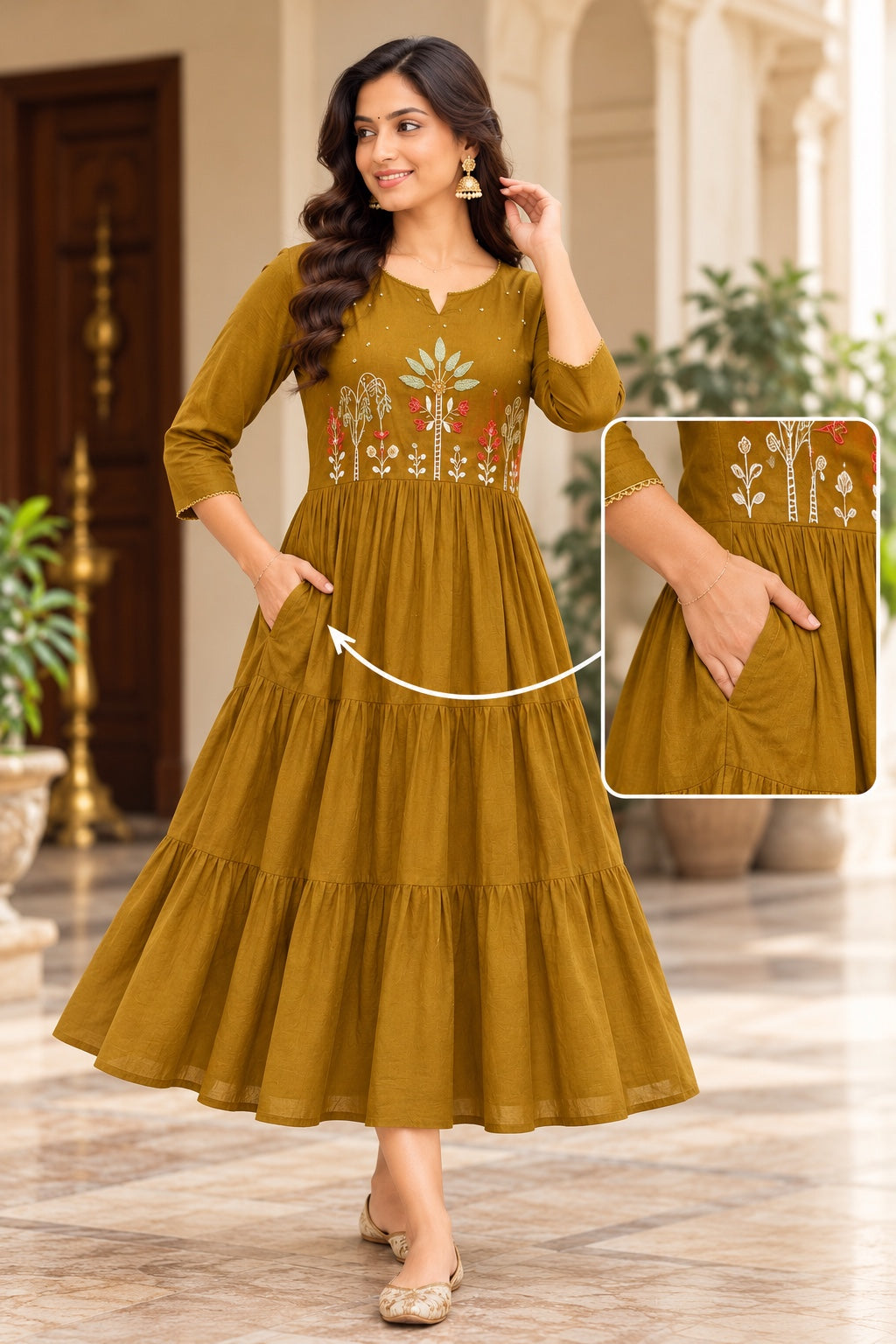 Cotton Embroidered Tiered A-Line Midi Dress with Pockets