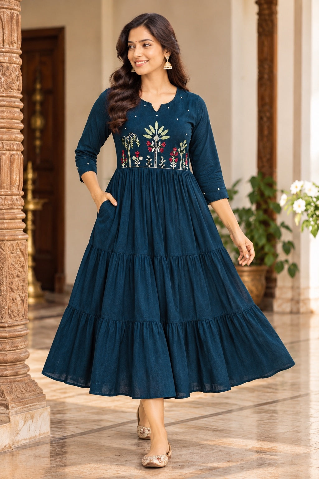 Cotton Embroidered Tiered A-Line Midi Dress with Pockets
