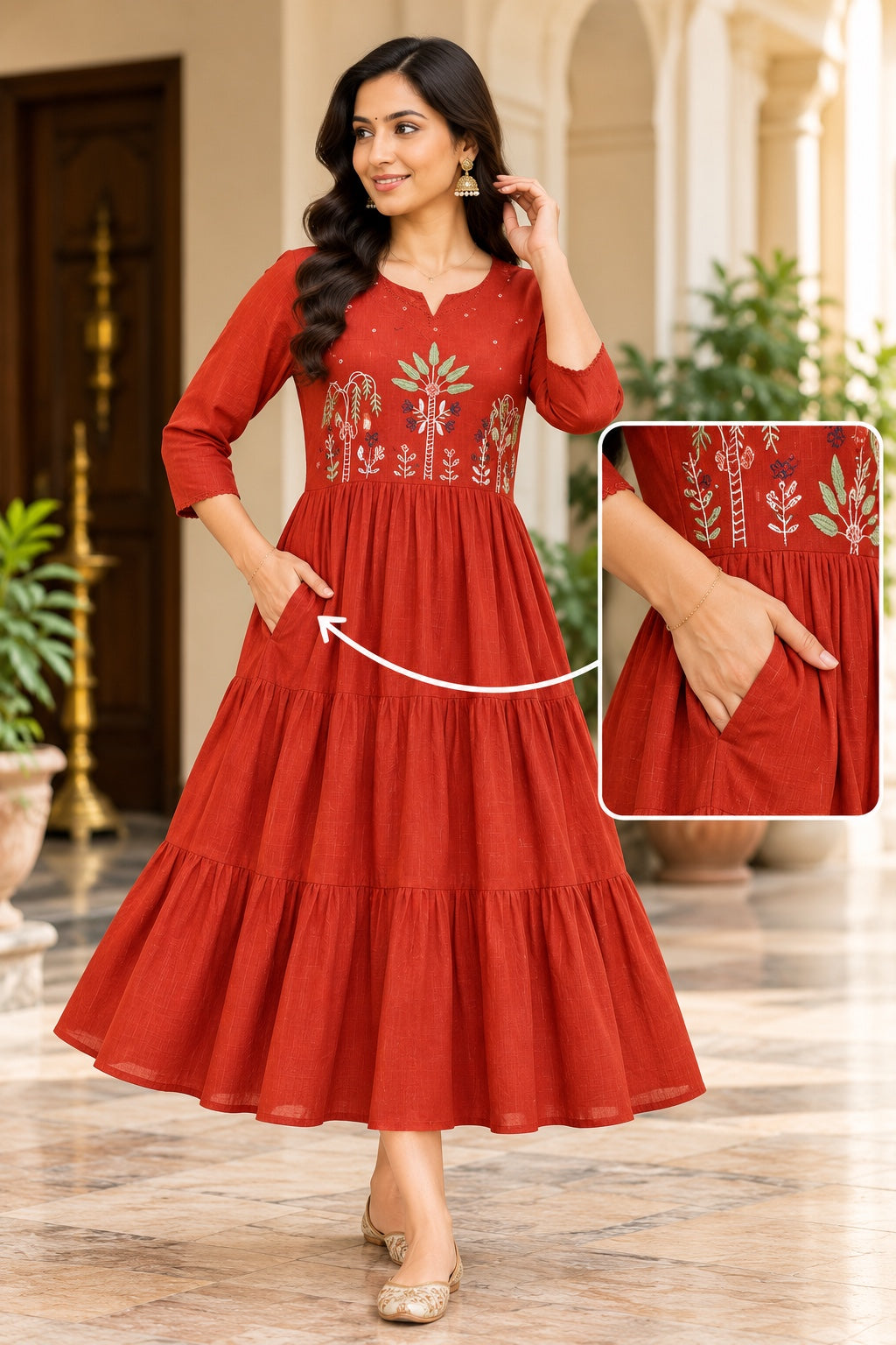 Cotton Embroidered Tiered A-Line Midi Dress with Pockets