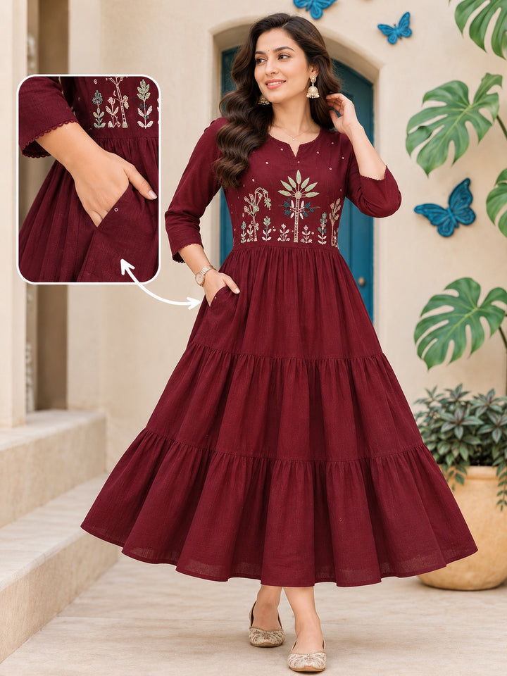 Cotton Embroidered Tiered A-Line Midi Dress with Pockets