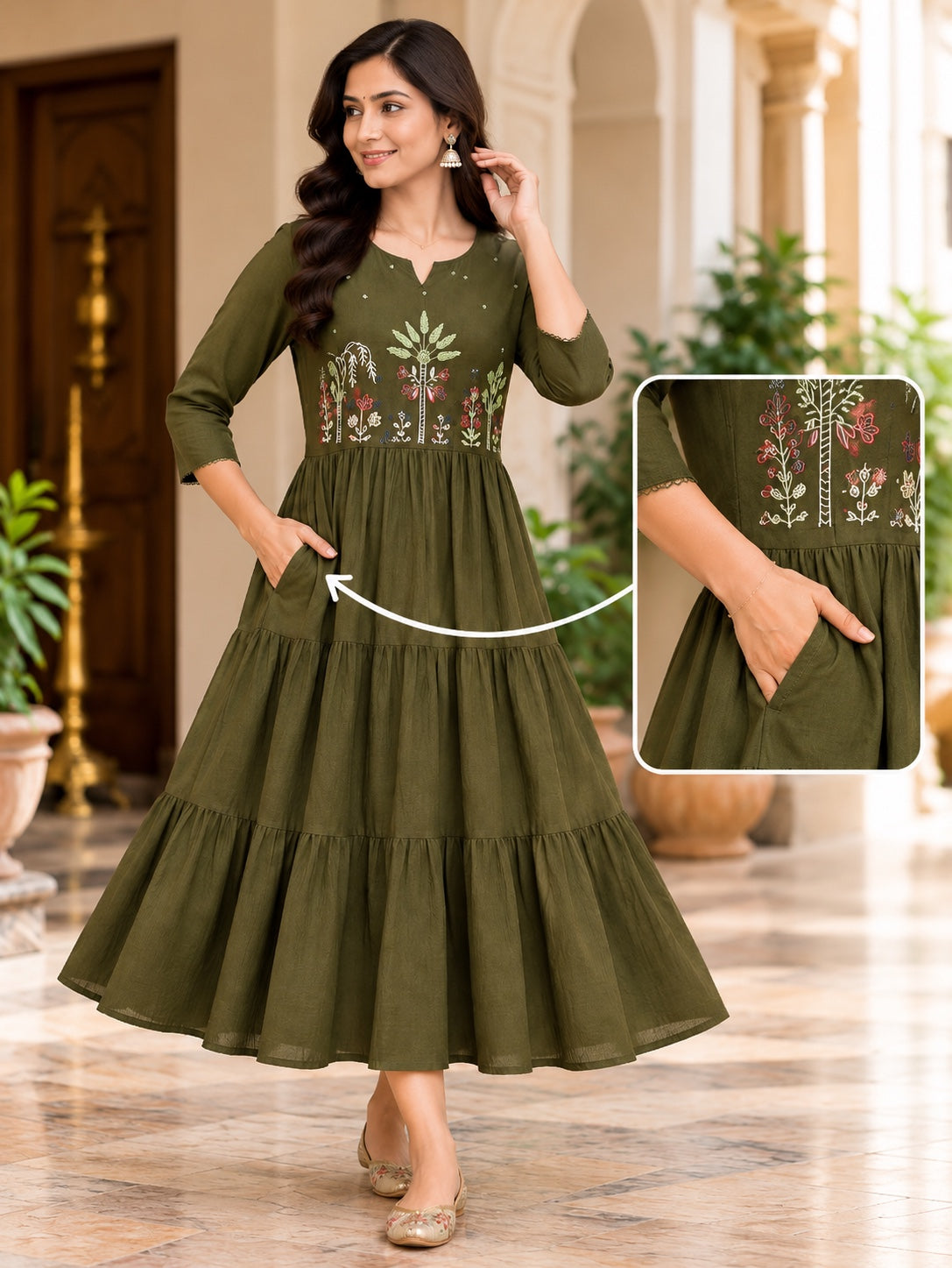 Cotton Embroidered Tiered A-Line Midi Dress with Pockets