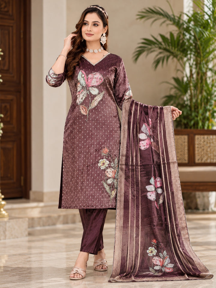 Wine Floral Printed 3-Piece Kurta Set with Striped Dupatta