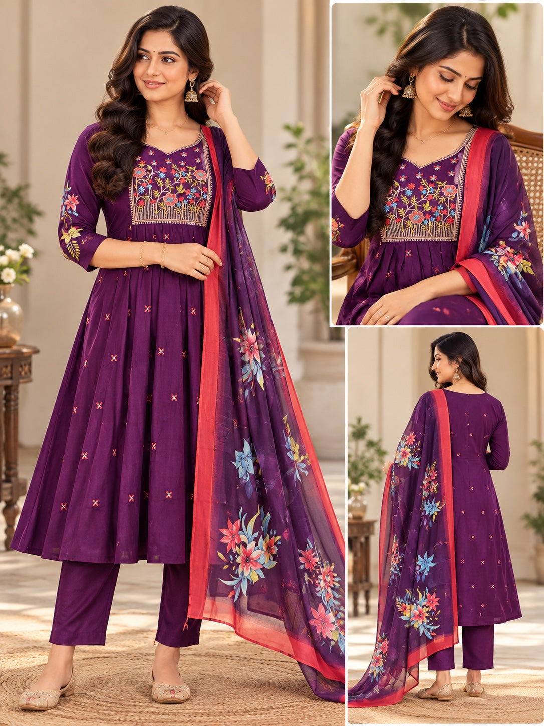 Purple Vatican Fabric Embroidered Feeding 3-Piece Suit Set with Printed Dupatta