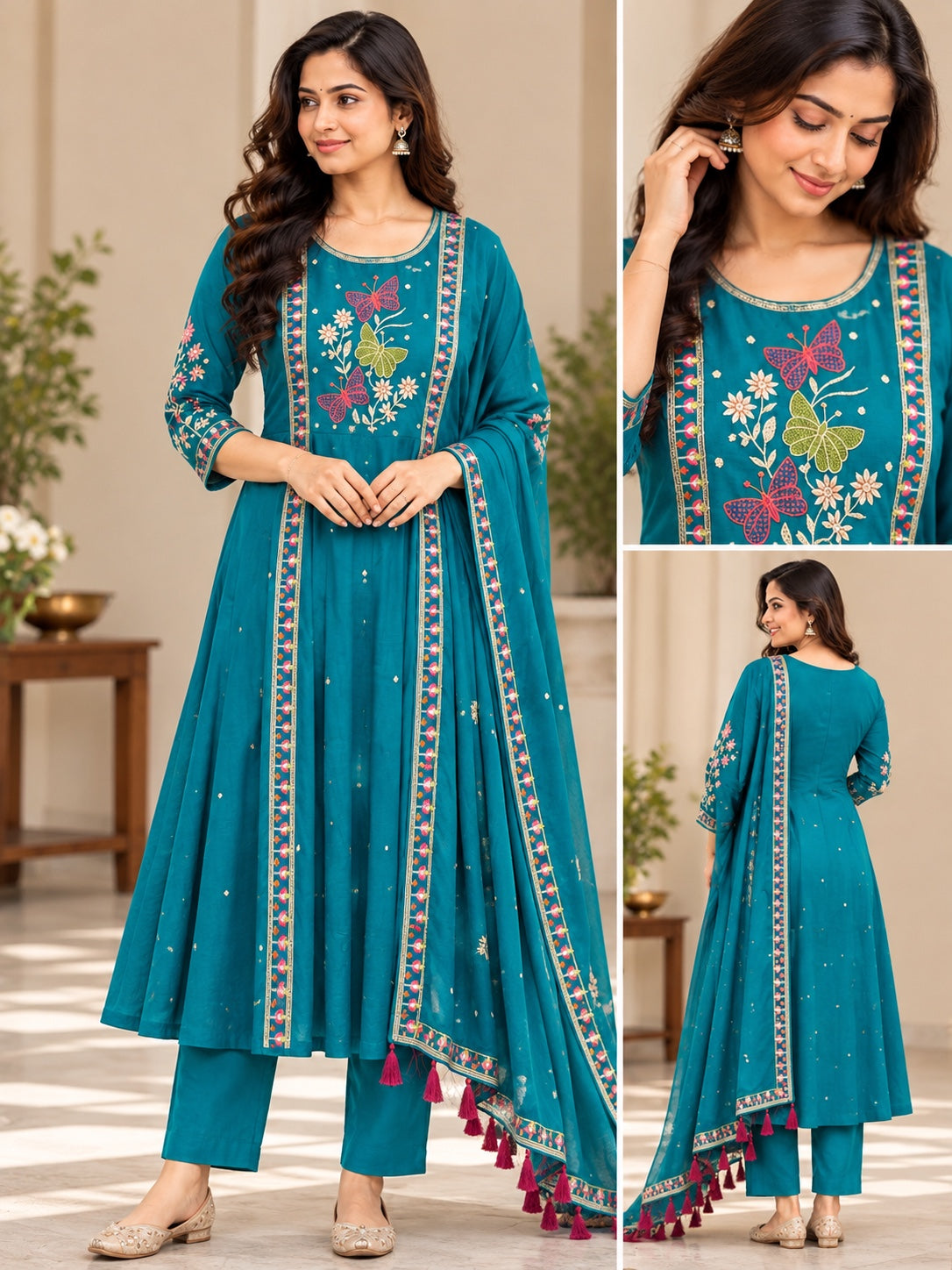 Teal Blue Vatican Fabric Embroidered Feeding 3-Piece Suit Set with Tassel Dupatta