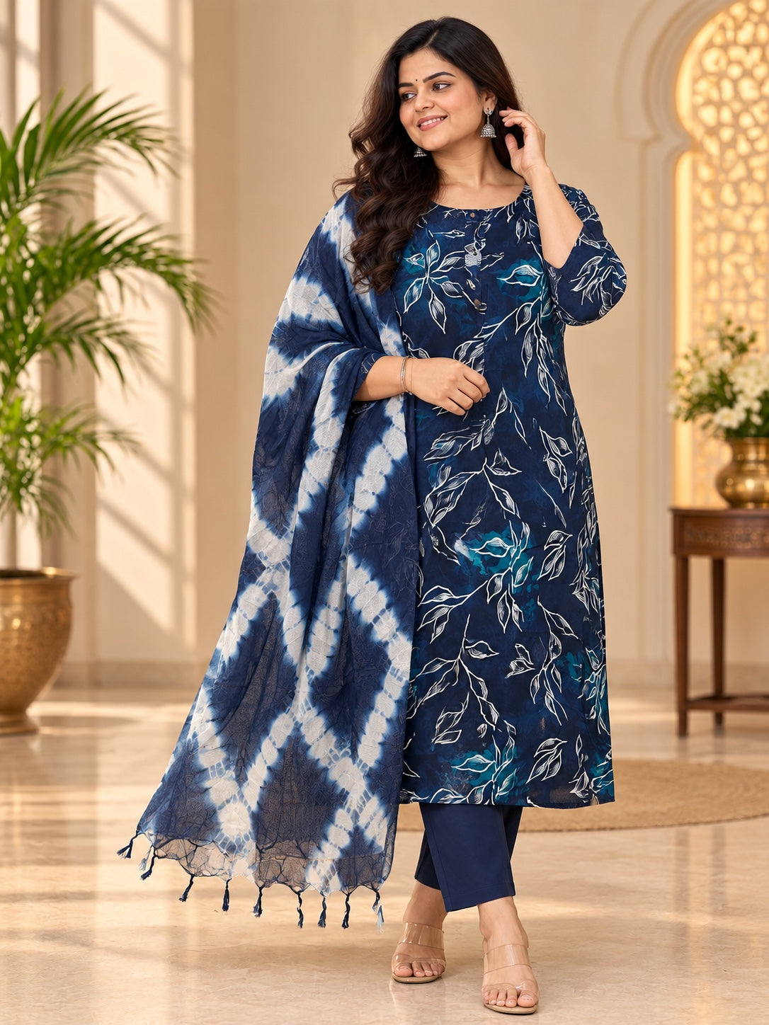 Rayon Cotton Printed 3-Piece Suit Set with Tie-Dye Dupatta (Plus Size)