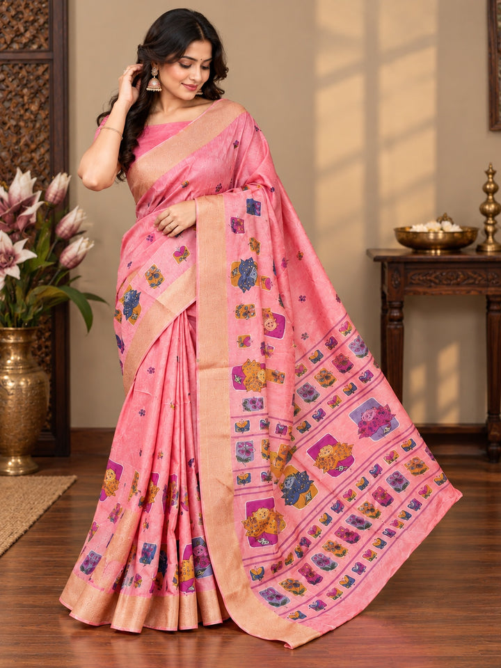 Pink Khadi Self Embossed Printed Saree with Traditional Border
