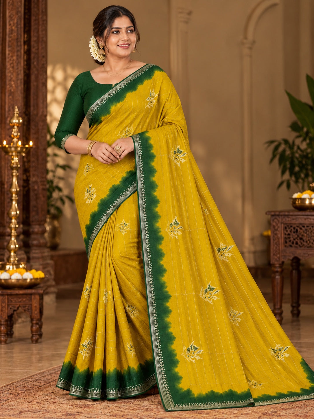 Mustard Yellow & Bottle Green Georgette Printed Saree with Decorative Border