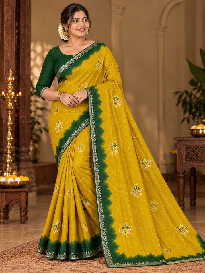 Mustard Yellow & Bottle Green Georgette Printed Saree with Decorative Border