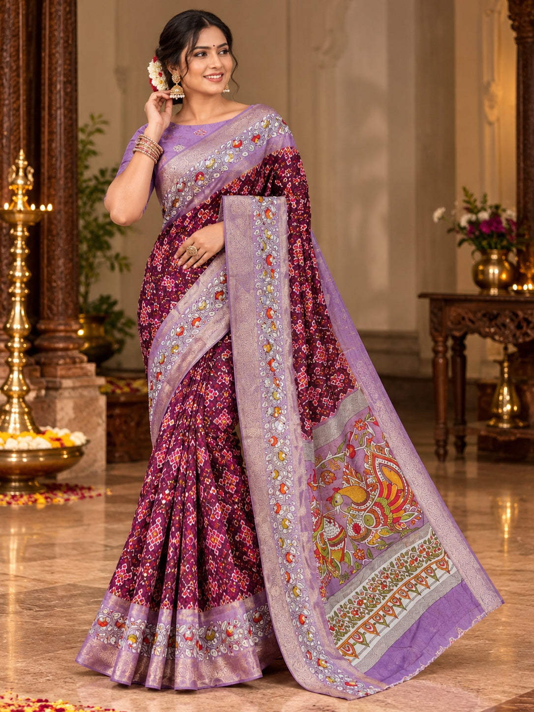 Wine Purple & Lavender Marshmallow Saree with Traditional Printed Pallu and Decorative Border