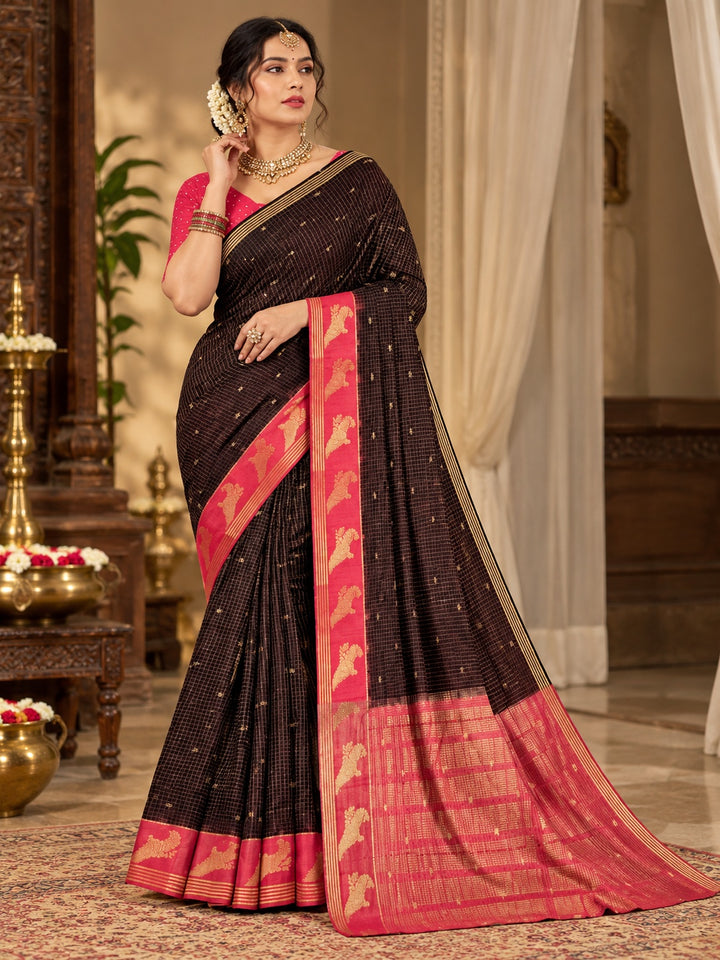 Black & Rani Pink Vini Georgette Vintage Checks Saree with Gold Motif Border