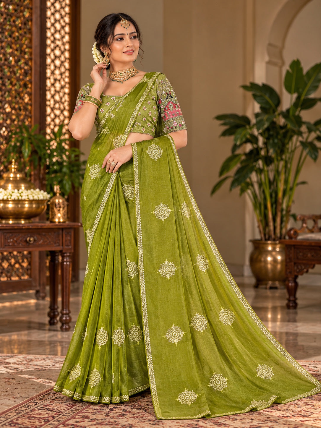 Mehendi Green Marshmallow Saree with Floral Butta Motifs & Decorative Border