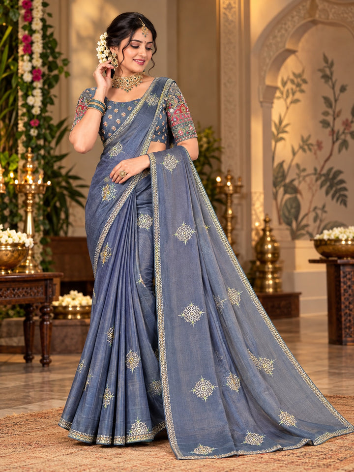 Slate Blue Marshmallow Saree with Gold Floral Butta Motifs & Decorative Border