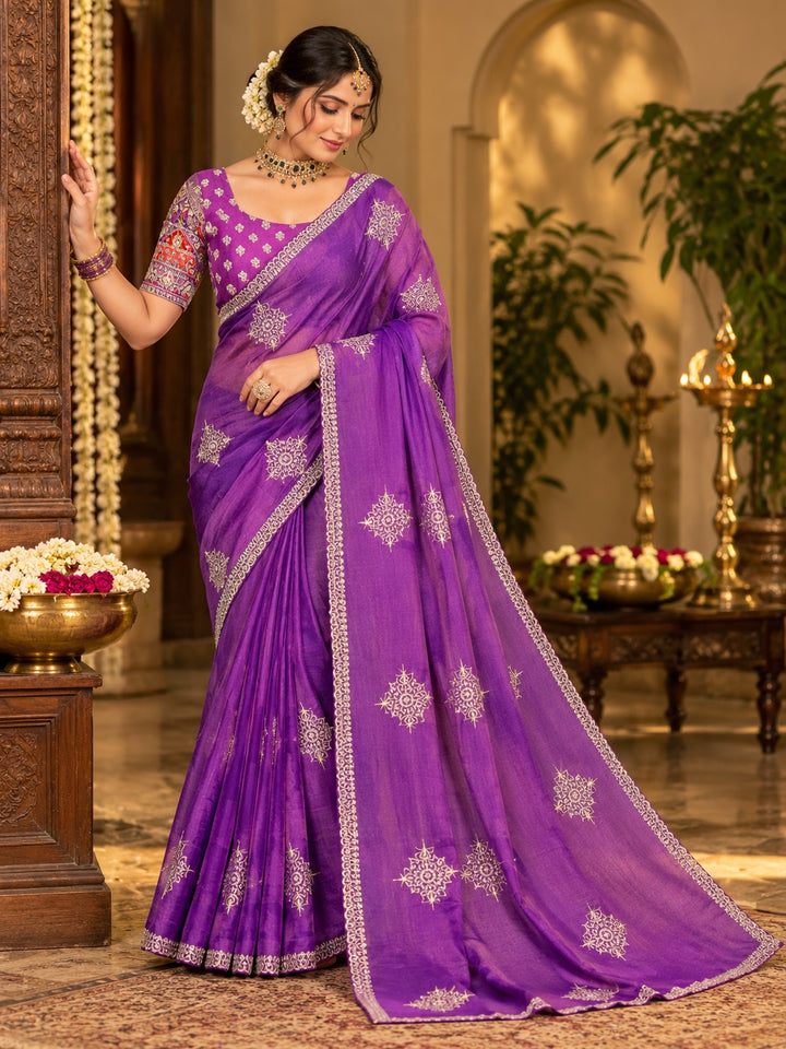 Royal Violet Marshmallow Saree with Gold Floral Butta Work & Designer Border