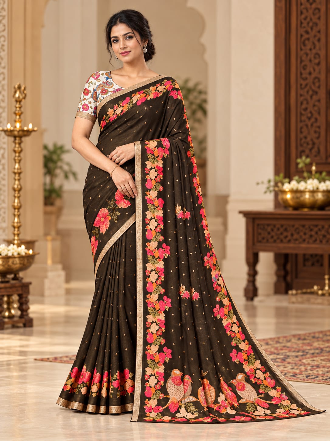 Floral Border Georgette Saree with Bird Motif Pallu