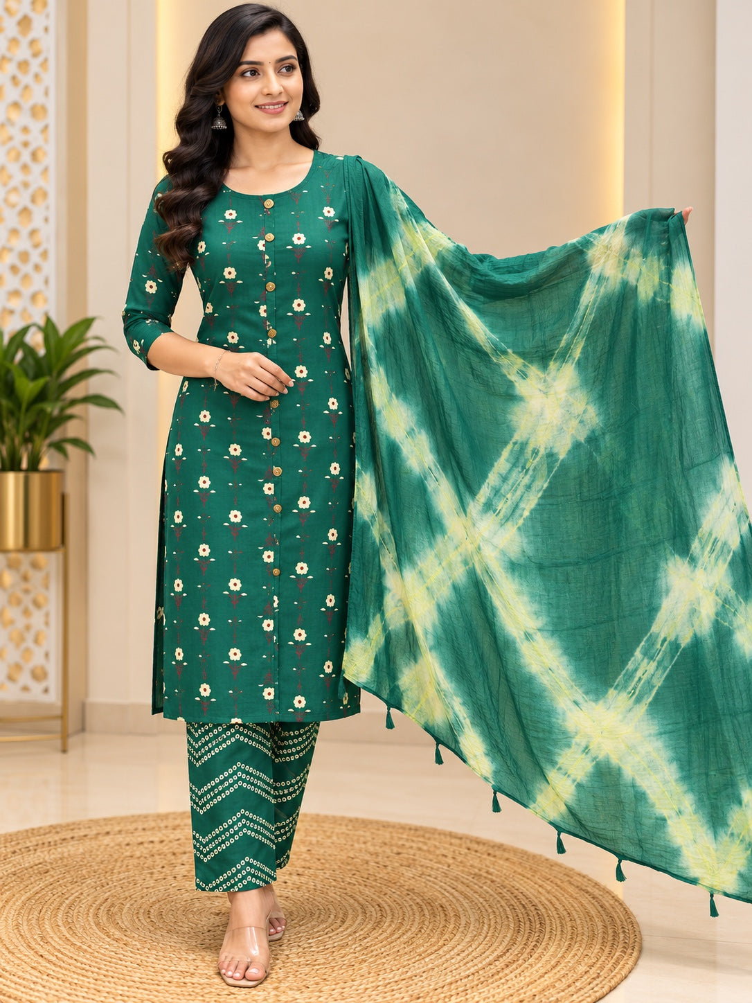 Printed Kurta Pant & Tie-Dye Dupatta 3 Piece Set