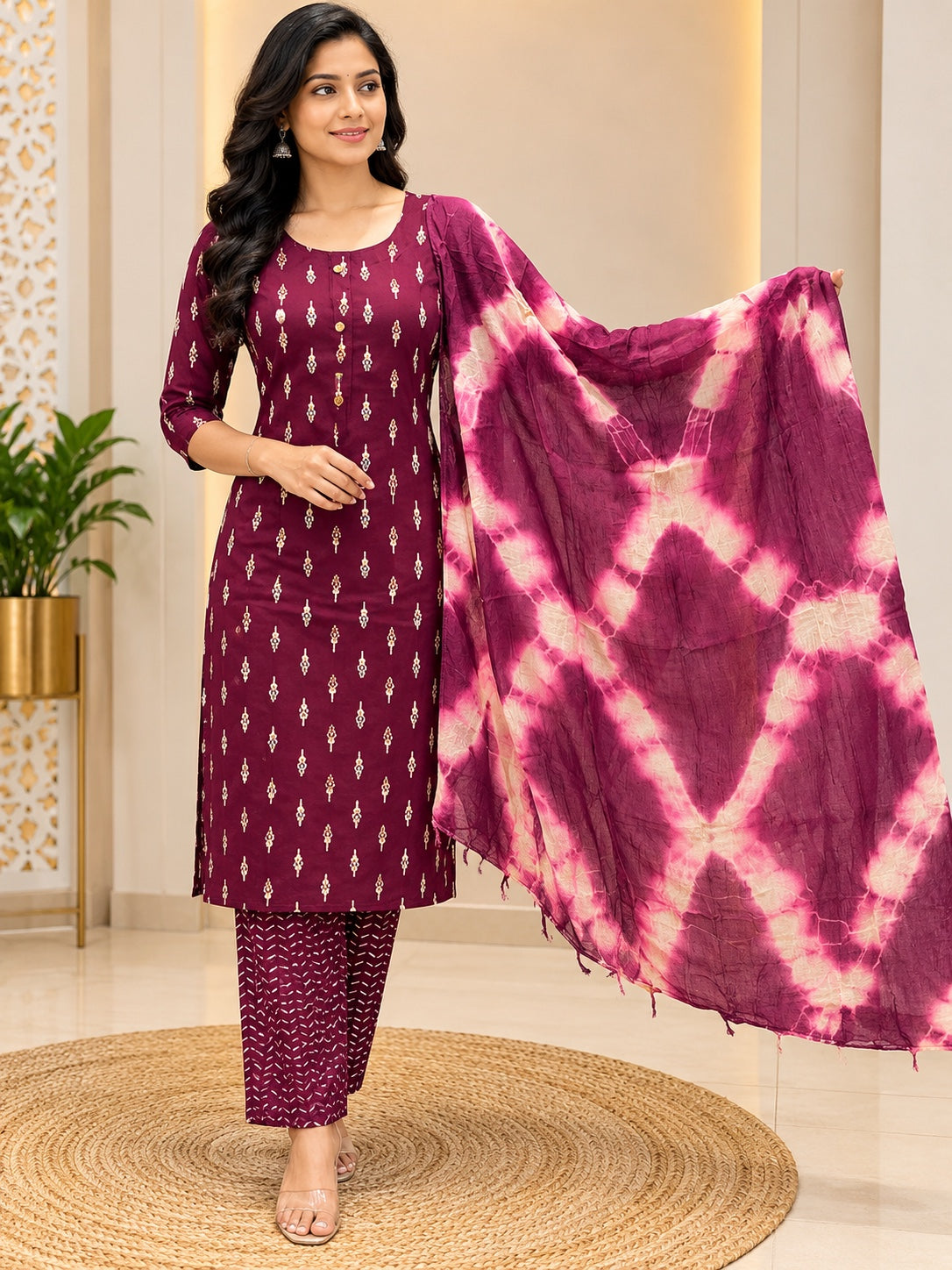 Printed Kurta Pant & Tie-Dye Dupatta 3 Piece Set