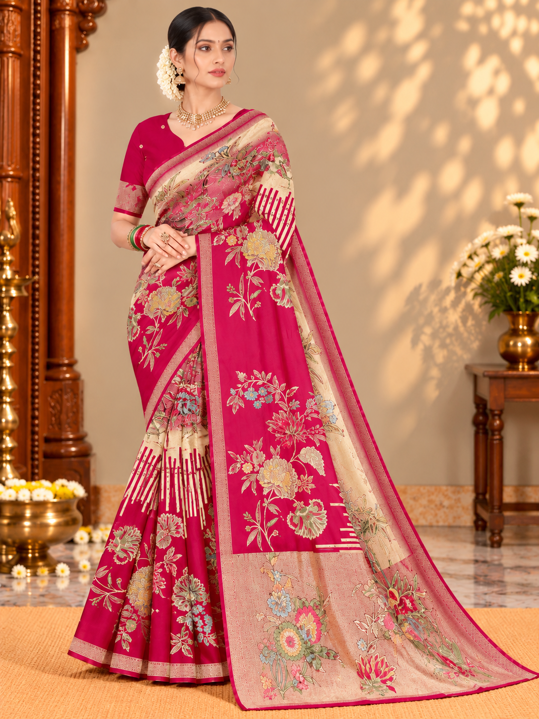 Floral Saree with Contrast Border and Pallu