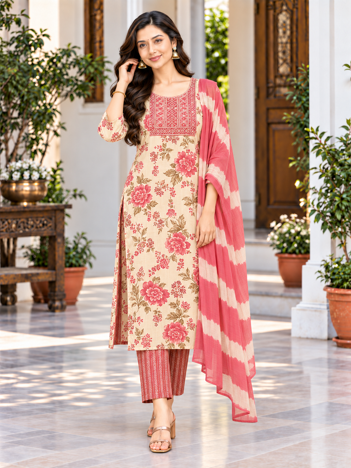 Cream and Coral Floral Straight Kurta Set