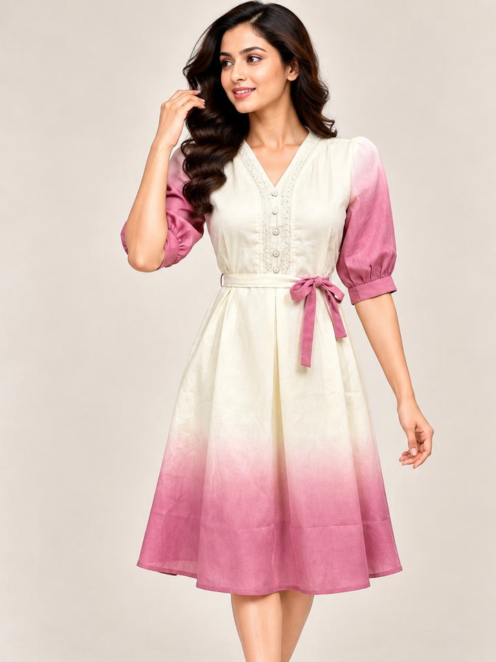 Cream & Pink Ombre Fit & Flare Midi Dress with Puff Sleeves