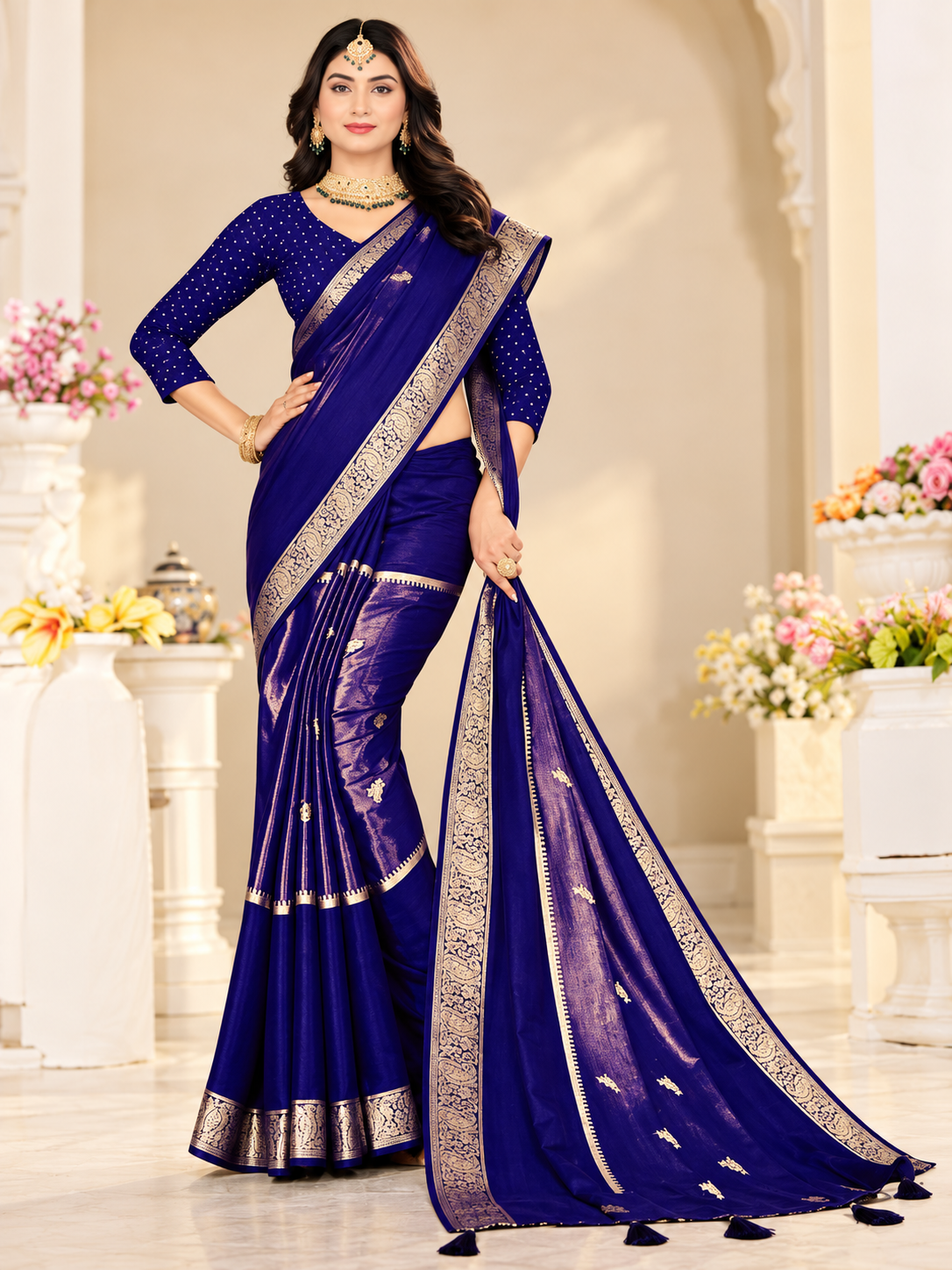 Soft Chinnon Gold Zari Border Saree – 8 Colours